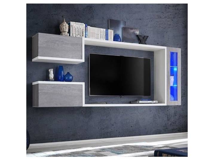 Meuble Mural TV Urko couleur blanc et gris cemento (2 3m)