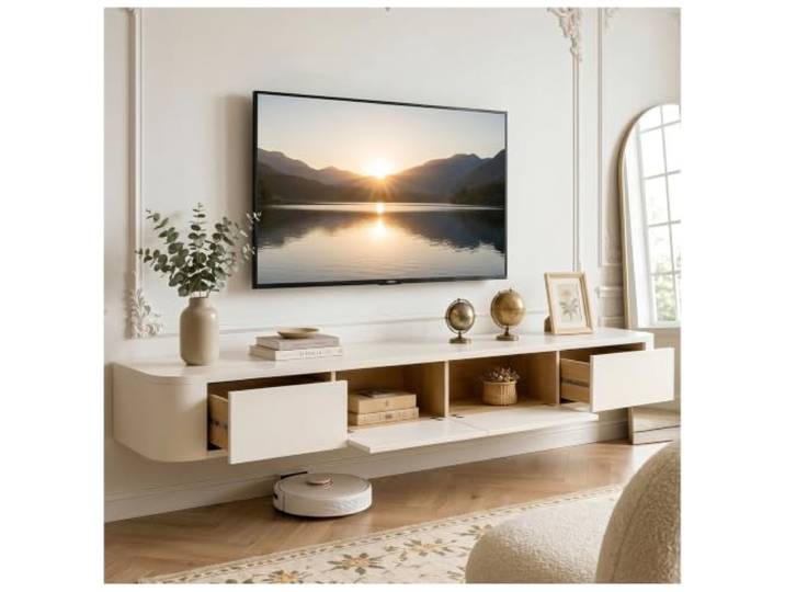KSYGINXD 260cm TV Schrank, TV Lowboard Mit 2 Schubladen, 2 Klappe,TV Board Hängend, Fernsehschrank Für Das Wohnzimmer, Massivholz, Komplett Montiert