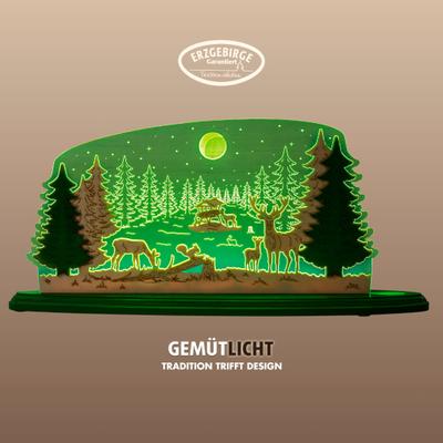 Lichterbogen WEIGLA "LED Waldidylle, Dekoleuchte aus Holz & Acrylglas, GRÜN-NATUR", beige (natur, grün), B:47cm H:21,7cm T:8,2cm, Holzwerkstoff, Schwibbögen, Erzgebirge garantiert, Deko für Weihnachten und das ganze Jahr