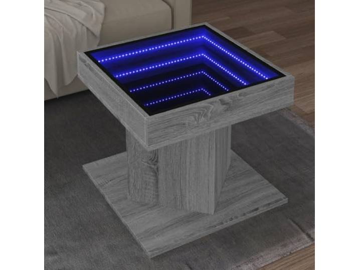 HEFZGDB LED-Couchtisch Grau Sonoma 50x50x45 cm Holzwerkstoff mit RGB-Infinity-Spiegel Beleuchtung und USB-Anschluss für Wohnzimmer Ambiente