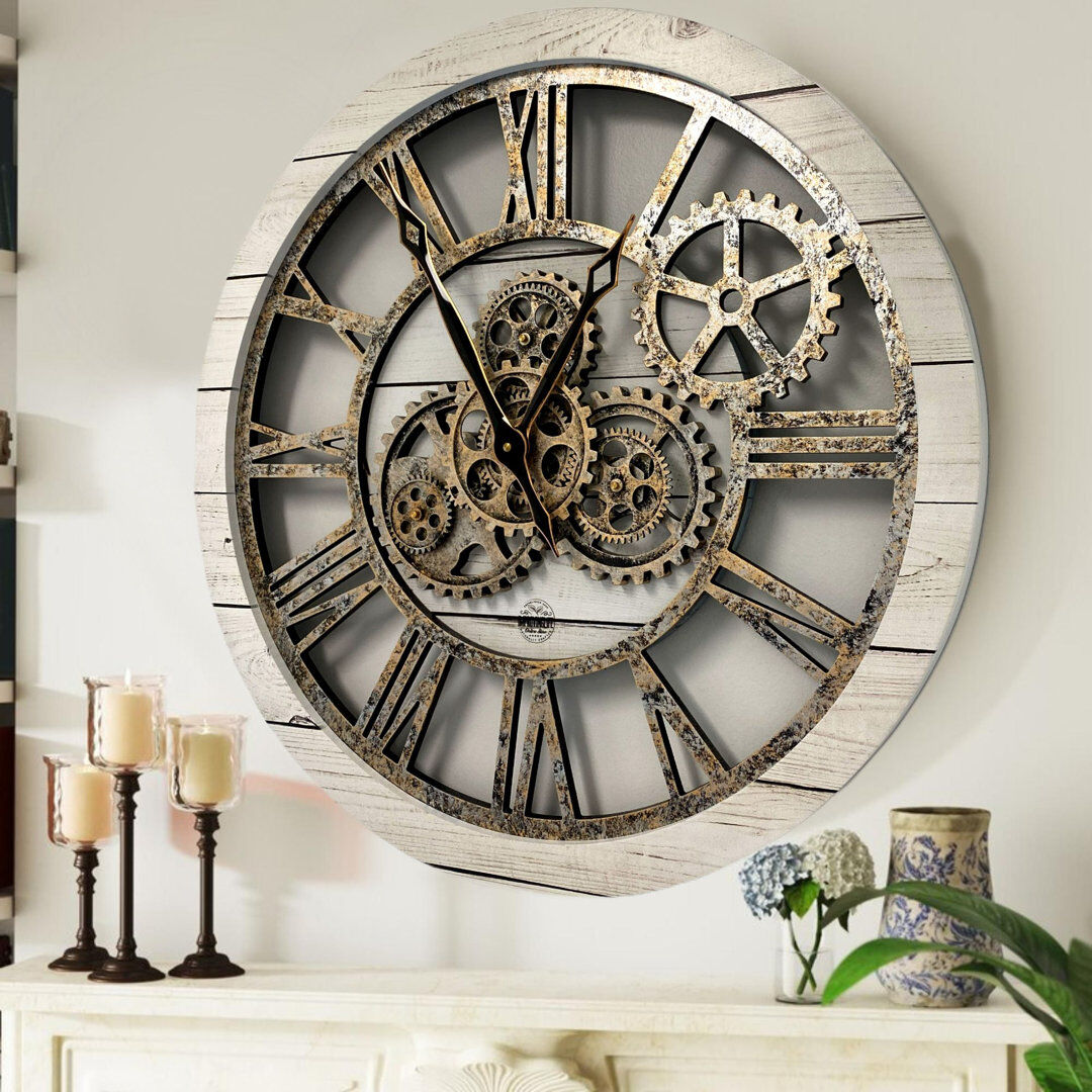The Gears Clock Solid Wood Skeleton Wall Clock White 61cm W X 61cm H X 7cm D