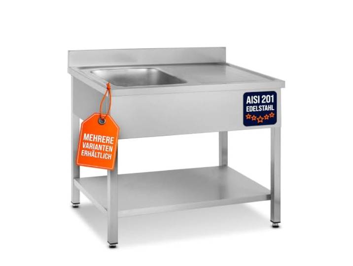 GastroHero Spültisch, Becken links, 100x60 cm, Edelstahl SPT-BASIC10X6L Abtropffläche rechts, mit Grundboden, 100 mm Aufkantung, 1 Becken, nach Hygiene- und Sicherheitsrichtlinien produziert