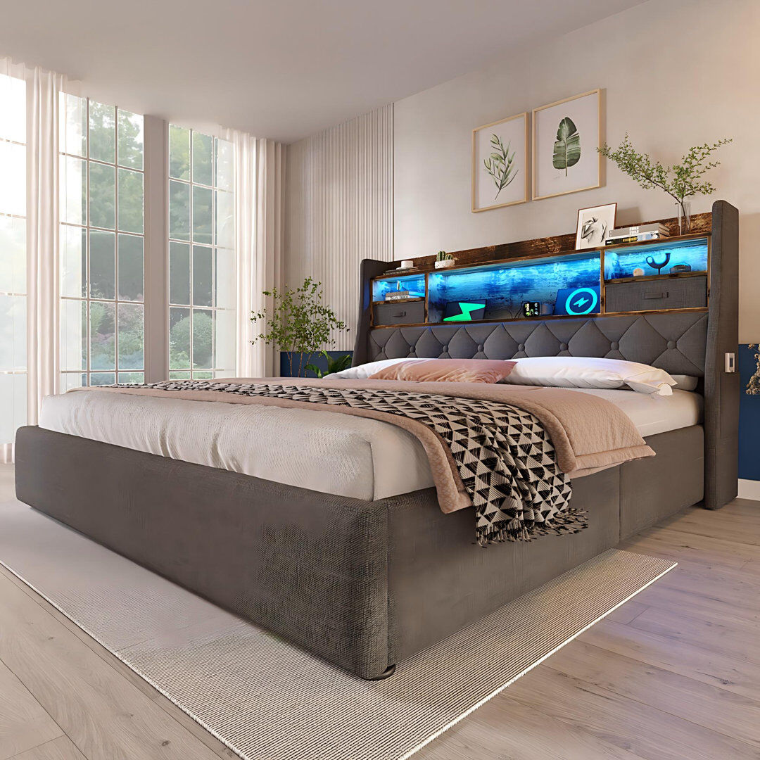 Ivy Bronx Upholstered Lift Up Storage Ottoman Bed Grey Double (4'6)