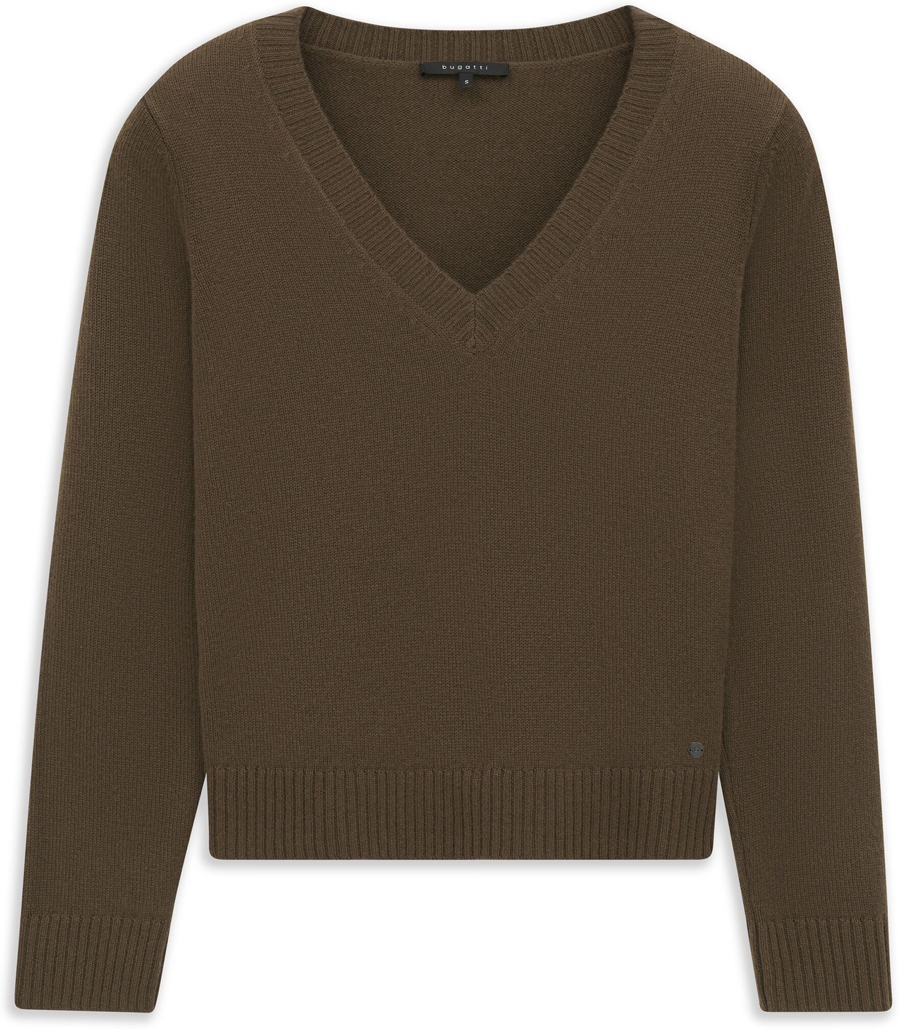 V-Ausschnitt-Pullover BUGATTI "Regular Fit", Damen, Gr. XL, braun (180, oliv), 100% Kaschmir, meliert, regular fit, V-Ausschnitt, Pullover V-Ausschnitt-Pullover, Kaschmir V-Ausschnitt