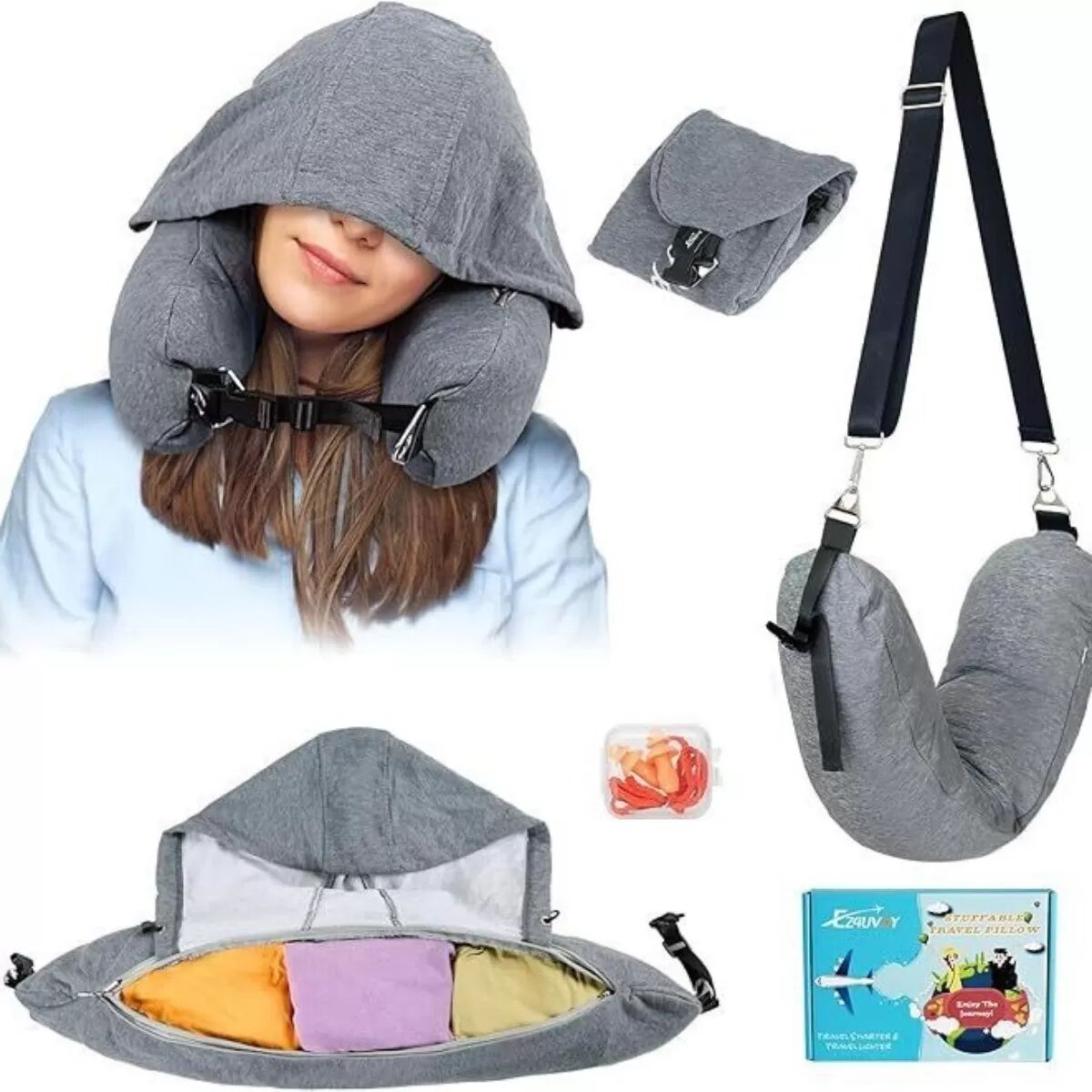 INF Oreiller de voyage en U à capuche en peluche - Housse rembourrable pour voyage, bureau, sieste, maison (Plusieurs couleurs) Gris