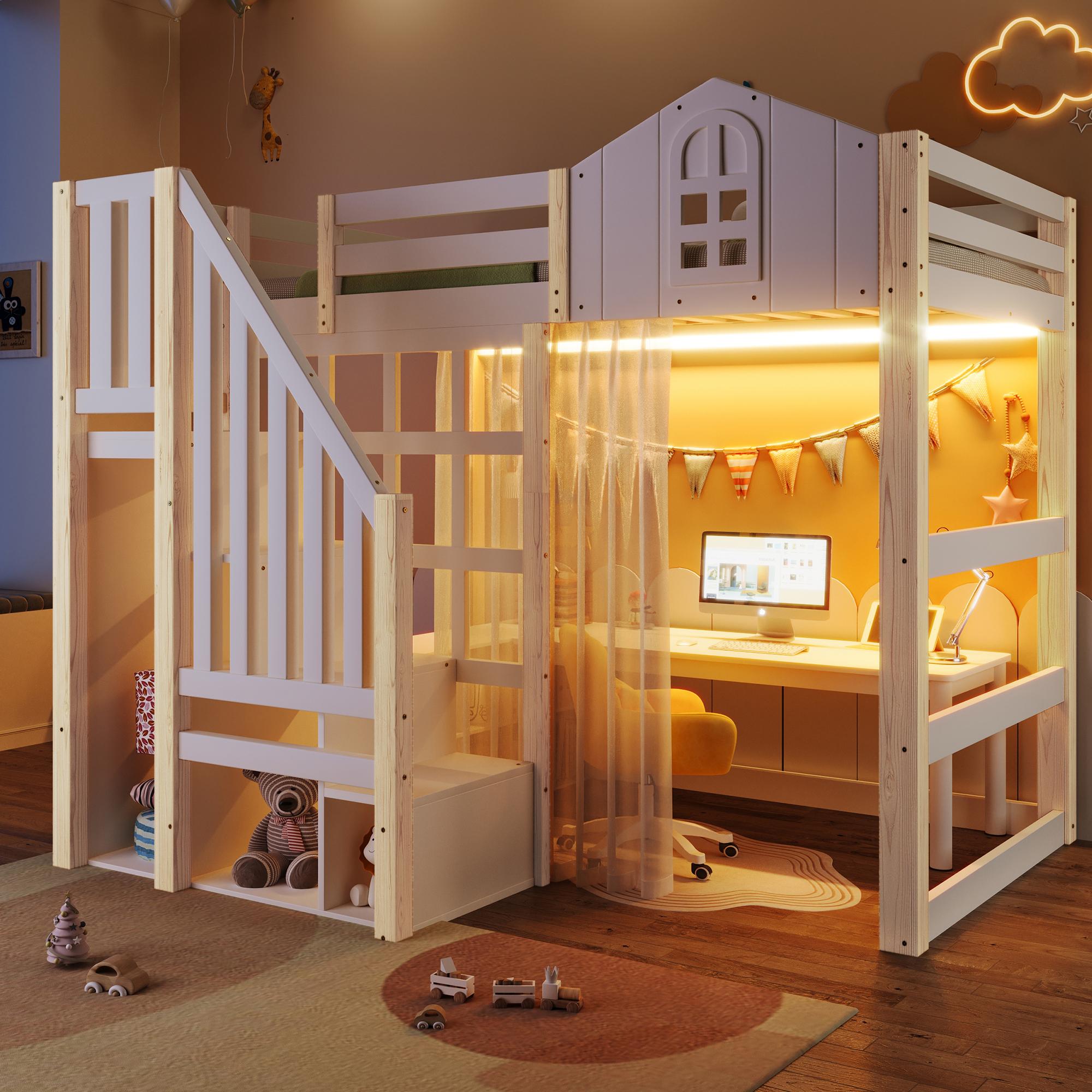 Merax Etagenbett Hochbett 90x200 cm, Kinderbett, Schloss-Design mit LED, Gaze, Geländer, Lagertreppe, Jugendbett, Stockbett, Kiefern, Weiß+Natur