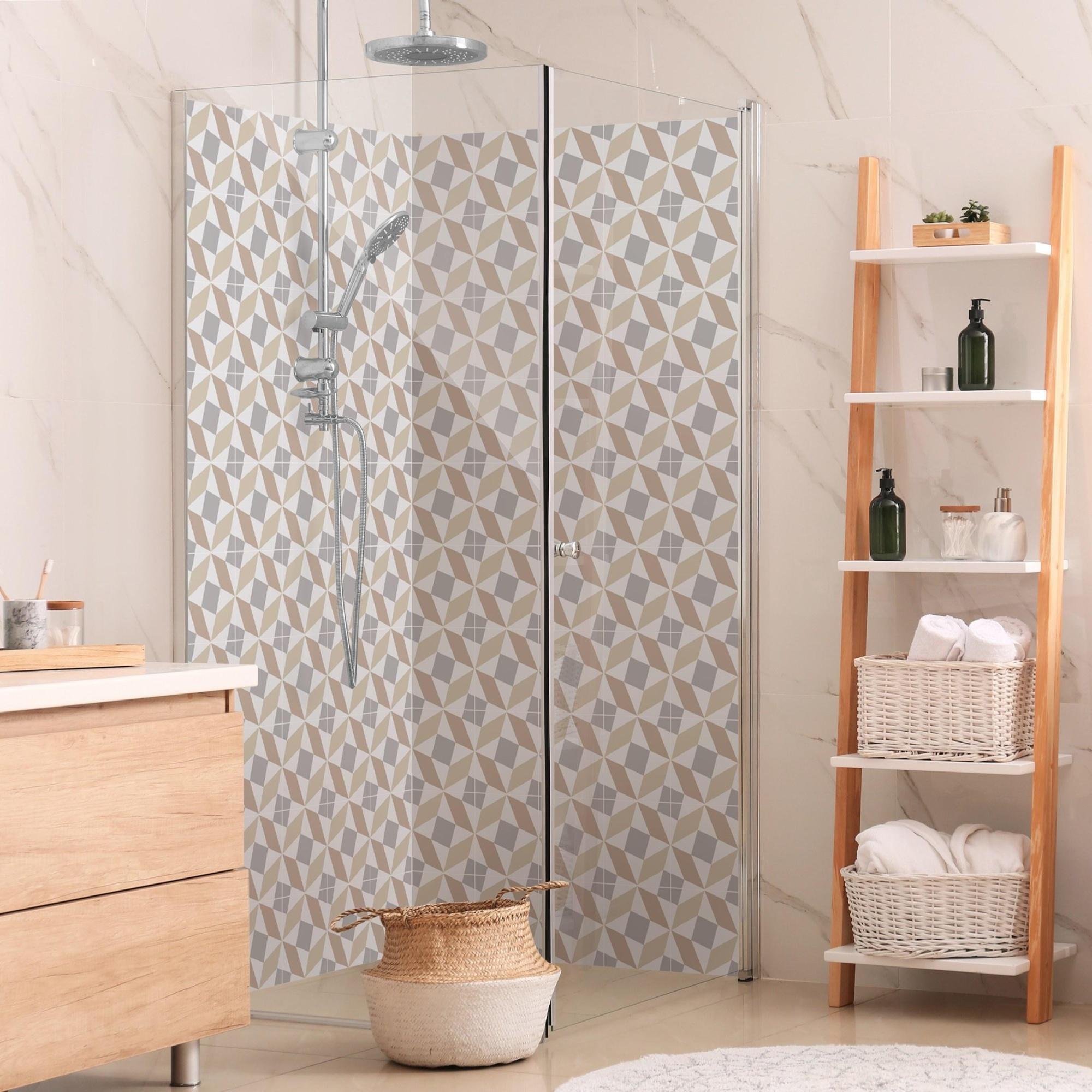 Duschrückwand Muster selbstklebend - 0.35 mm Wandpaneel wasserfest Ornament beige Fliesenoptik Abstrakt Badrückwand fugenlos Smart matt 110x210 cm