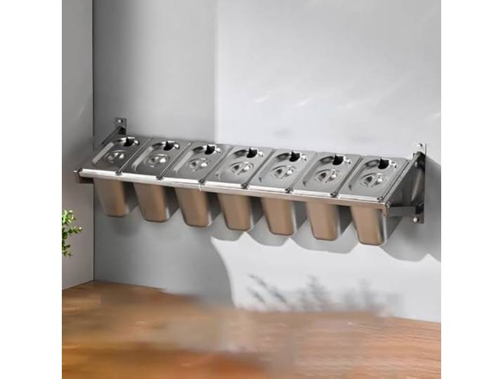 LIUWOPA Gewerbliches, an der Wand montiertes Gewürzregal aus Edelstahl mit Deckel und Löffel, Gewürzdosierbehälter-Set, Ausgabestation für Salatbuffets, Fachschale für Pizzabelag, 3 Gitter