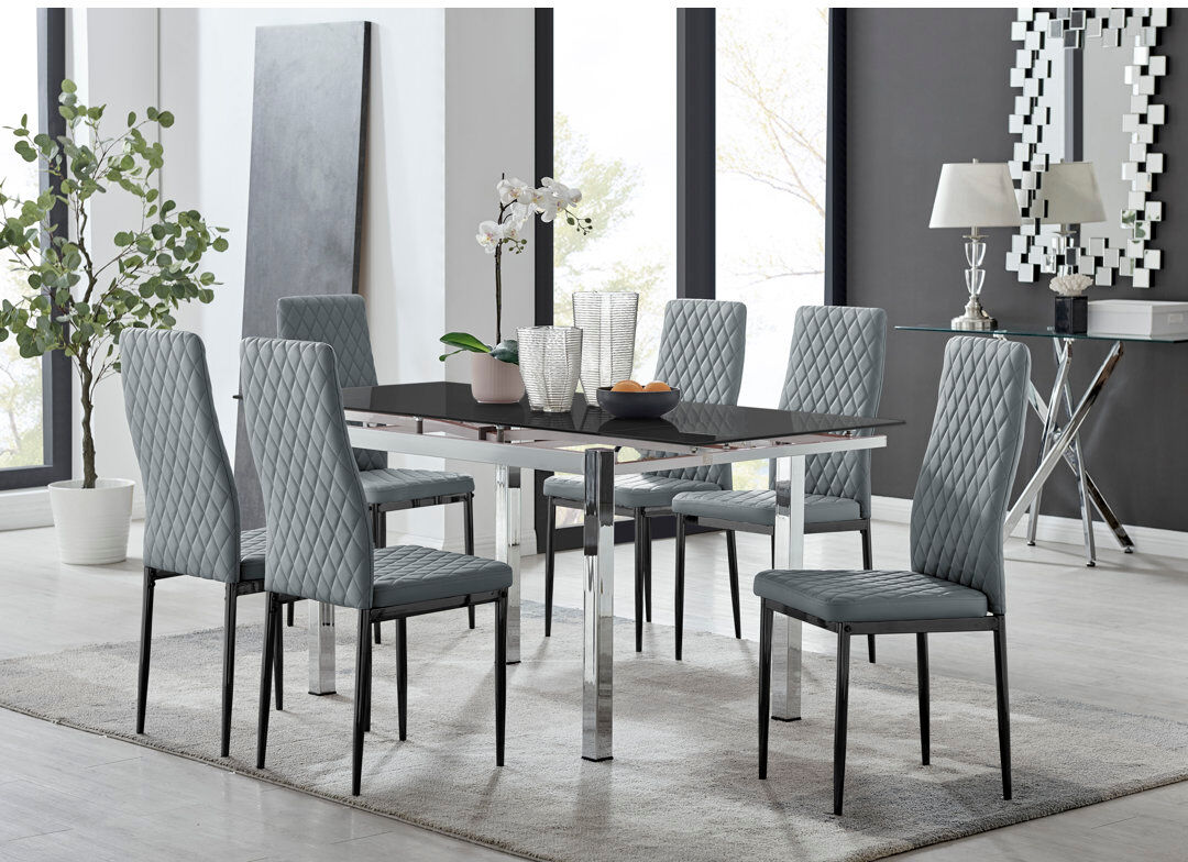 Canora Grey Tierra Modern Glass & Metal Extendable Dining Table Set & 6 Luxury Faux Leather Dining Chairs Grey/Black 6