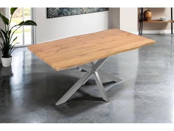SAM Esstisch Josy 160x85 cm Holz Wildeiche-Optik Spider-Gestell Silber 40 mm Tischplatte mit Baumkante, Metallgestell, Tisch für Esszimmer & Küche