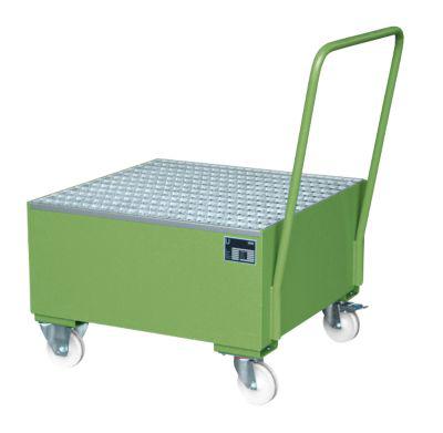 Stahl-Auffangwanne mit Rollen+Griff, 800 x 800 mm grün RAL 6011