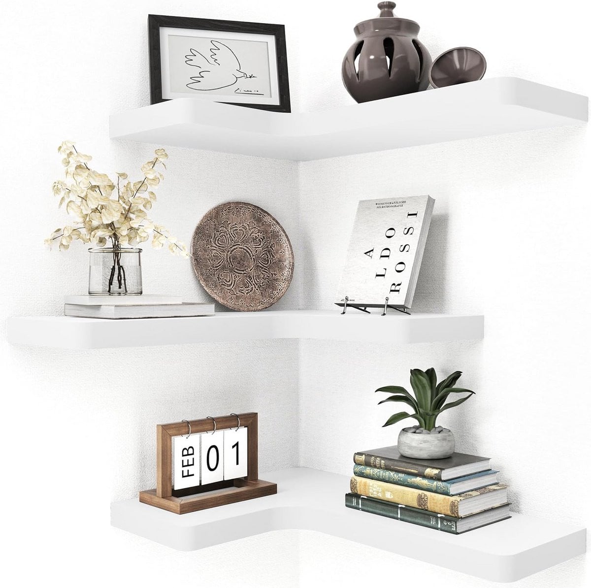 Set van 3 Hoek Floating Planken - Witte Wandplanken voor Slaapkamer, Keuken, Badkamer of Woonkamer