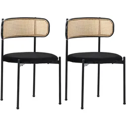ESSZIMMERSTUHL Set 2er Schwarz Samt & Rattan Polsterstuhl mit Metallbeinen