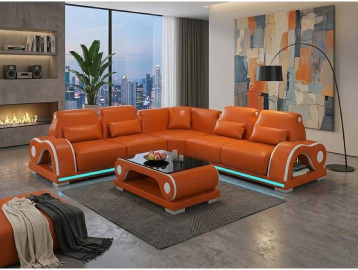 Xlmoebel Ecksofa Ecksofa L-Form Orange Weiß Couchtisch LED Wohnzimmer Design Möbel *, 2 Teile, Modernes Design, klare Linien