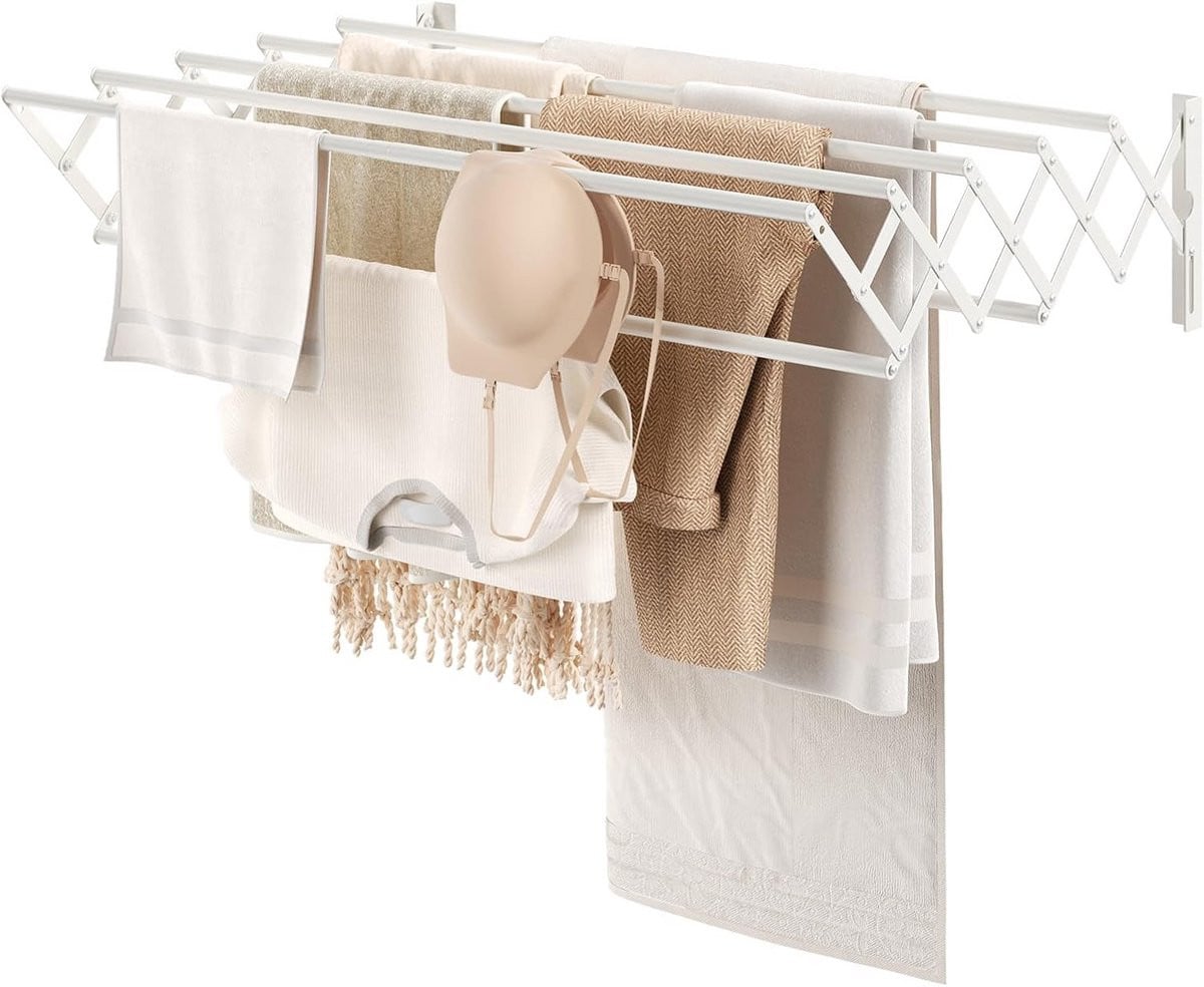 Inklapbaar en uittrekbaar wandrek voor kleding drogen