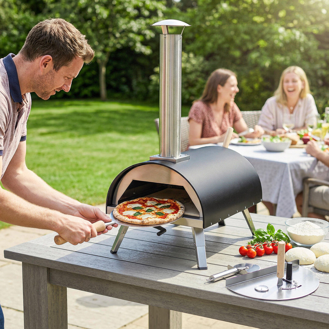 Outsunny Outdoor Pizza Oven Portable w/ 12" Rotating Stone, Thermometer Black 14cm H X 46cm W X 34cm D