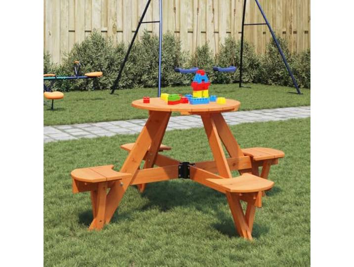 Picknicktisch für 4 mit Schirmloch Rund Massivholz Tanne Integrierte Bänke,2-in-1-Design,Tragfähigkeit 80 kg,Schirmloch für Sonnenschirm, ab 3 Jahren