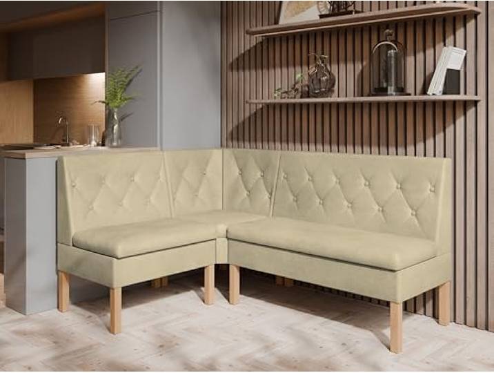 JKG Meble Eckbank fur Essizmmer - Eckbank Küche mit Aufbewahrungsbehälter - Modern Sitzecke Küche - Stoff Velours - gepolsterte Rückenlehne - Beige - Monolith 04-140x200 cm