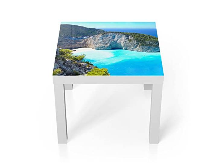 DEQORI Glastisch weiß klein 55x55 cm Motiv Schiffswrack-Strand ausgefallener Beistelltisch aus Glas Hochglanz Couchtisch fürs Wohnzimmer moderner Couch Tisch mit Design
