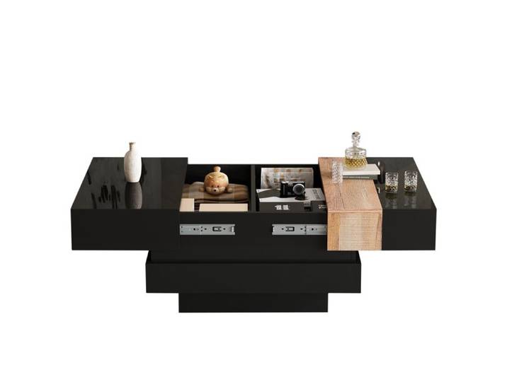Table basse carrée noire 70x70 cm avec plateau coulissant rangement caché effet bois finition brillante