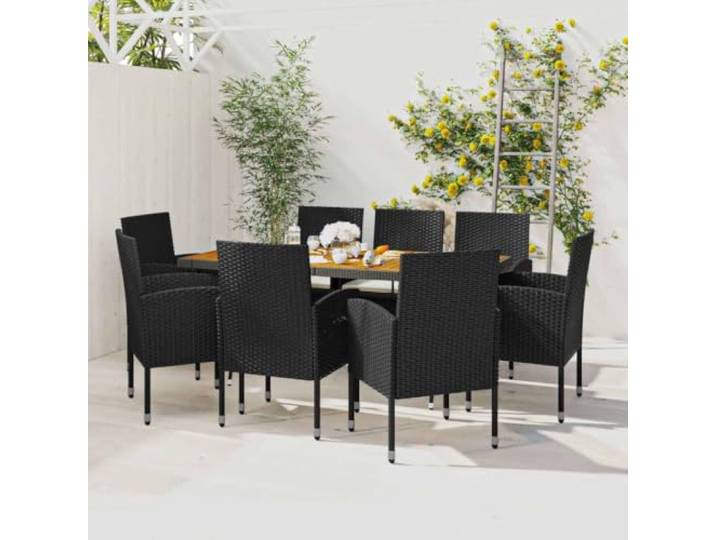 HEFZGDB 9-TLG. Garten-Essgruppe Poly Rattan Schwarz, Outdoor-Essgruppe mit Akazienholz-Tischplatte und wasserfestem PE-Rattan für Terrasse, ergonomische Gartenstühle mit Kissen,
