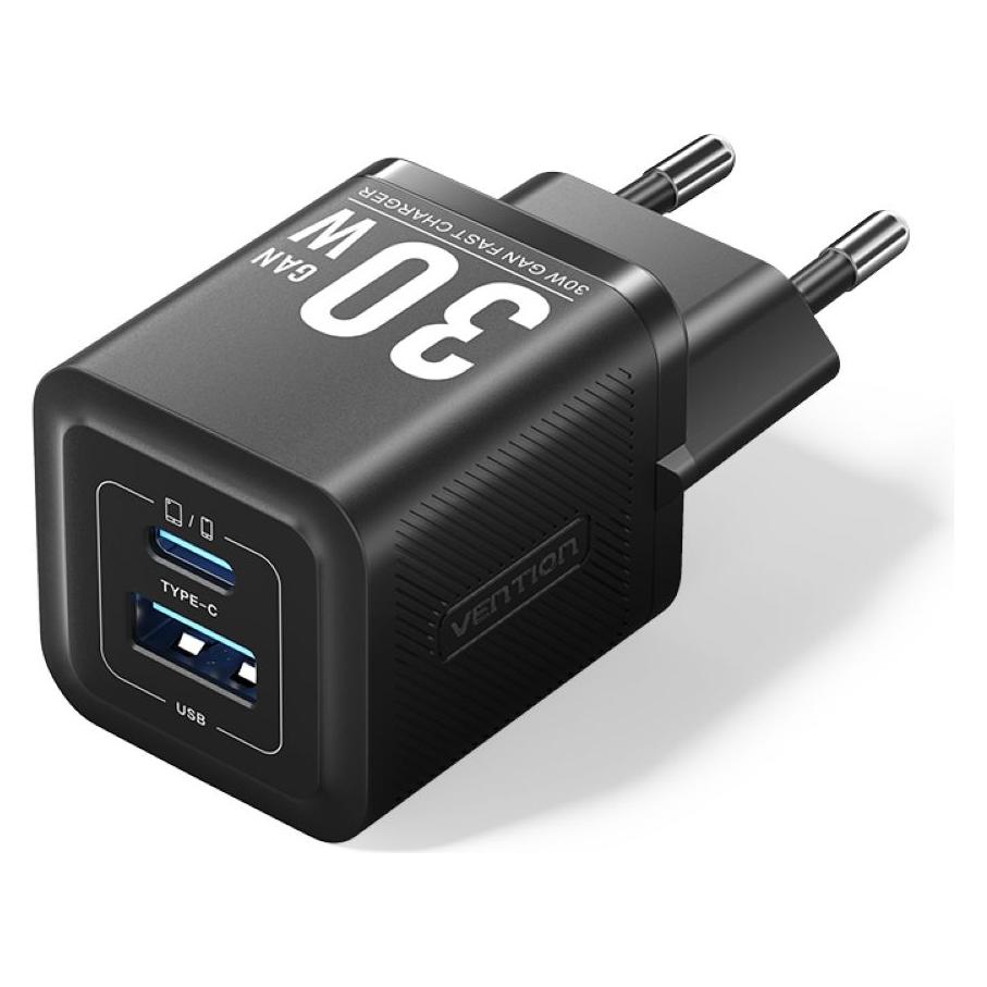Vention Wall charger,, FEQB0-EU, USB-C, USB- A, 30W/30W, GaN (black) (30 W, 2 Ports) (FEQB0-EU)