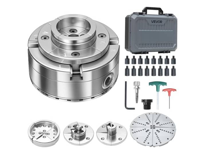 VEVOR Mandrin de Tour à Bois 102 mm Mandrin de Tour 4 Mors Autocentrant Engrenage Conique pour Tournage Bois avec Adaptateur 1 pouce x 8 TPI\, 5 Mâchoires (Rondes\, Plates\, Étagées\, à Broches)\, Mallette