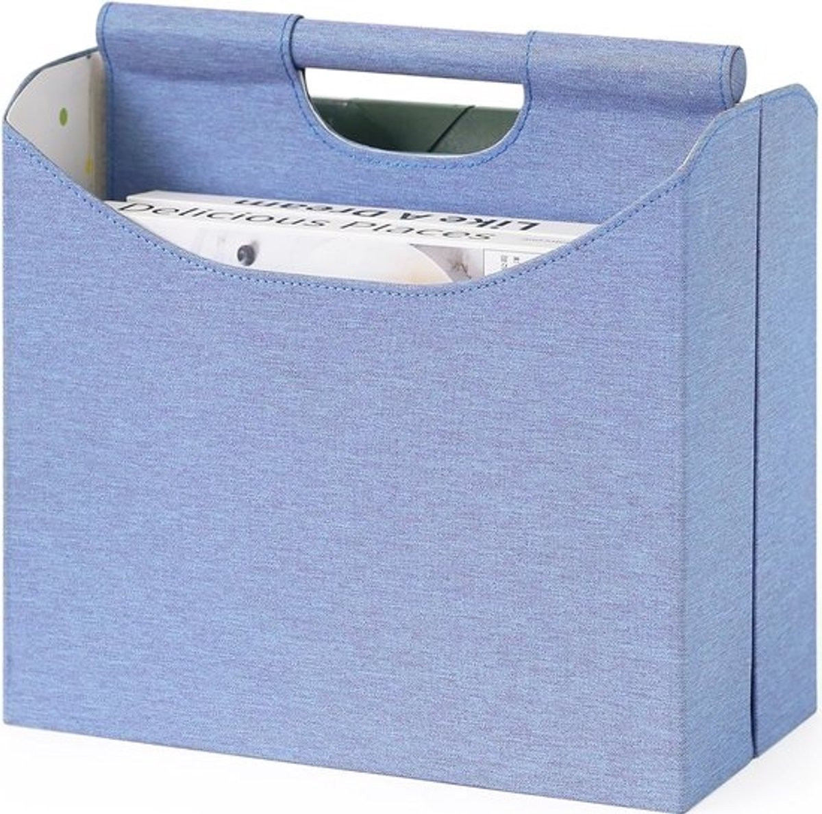 Moderne opvouwbare krantenhouder met bamboehandvat, blauw