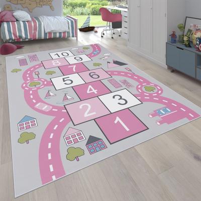 Kinderteppich PACO HOME "Bino 569", pink, B:200cm H:4mm L:290cm, Polyester, Teppiche, Kinderteppich, Kurzflor, Straßen-Spiel-Teppich & Motiv Hüpfkästchen "Himmel & Hölle"