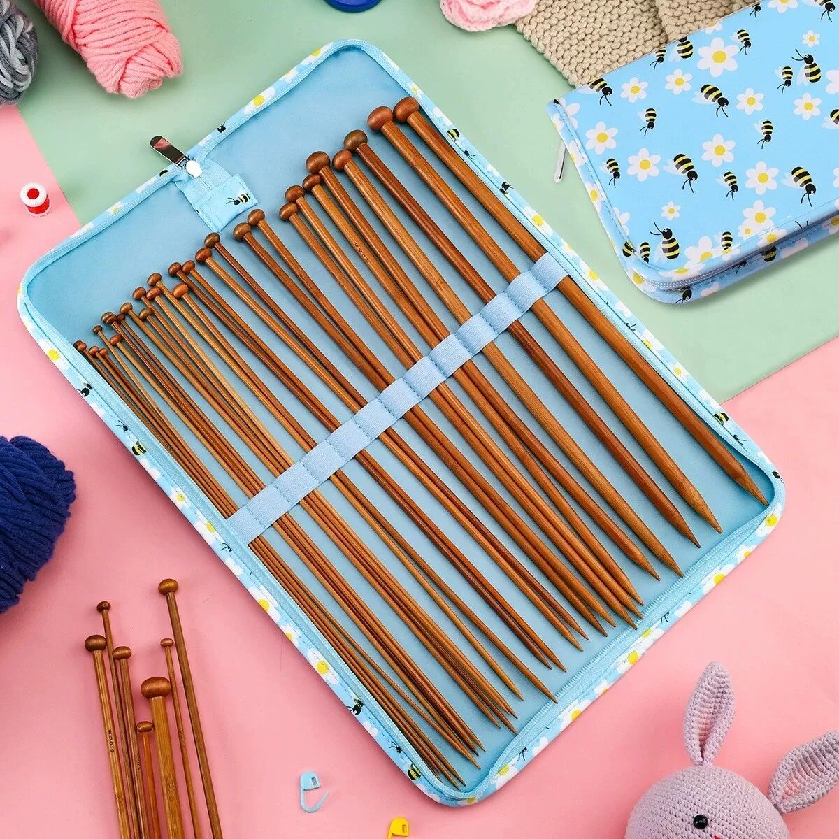 INF Carbonized 35cm Single-Point Bamboo Knitting Needles Set mit Maßband und Aufbewahrungsbox - 25 Stück