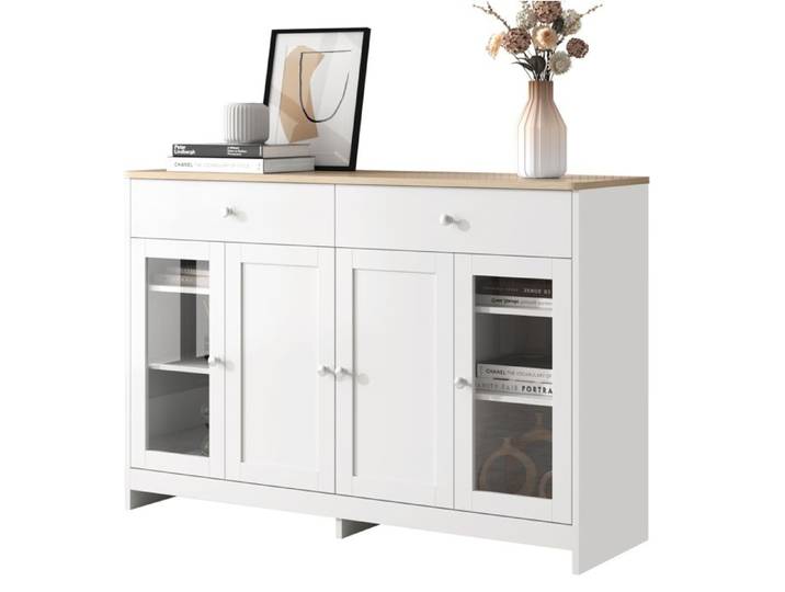 Buffet bas – Sideboard 120 cm – 2 tiroirs 4 portes vitrées – Blanc et bois