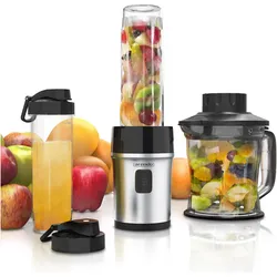 Arendo Standmixer 700 W, Edelstahl Mixer & Zerkleinerer 1,2L 2IN1 inkl. 2x Mixbehälter je 0,57L, Zerkleinerer, Silber