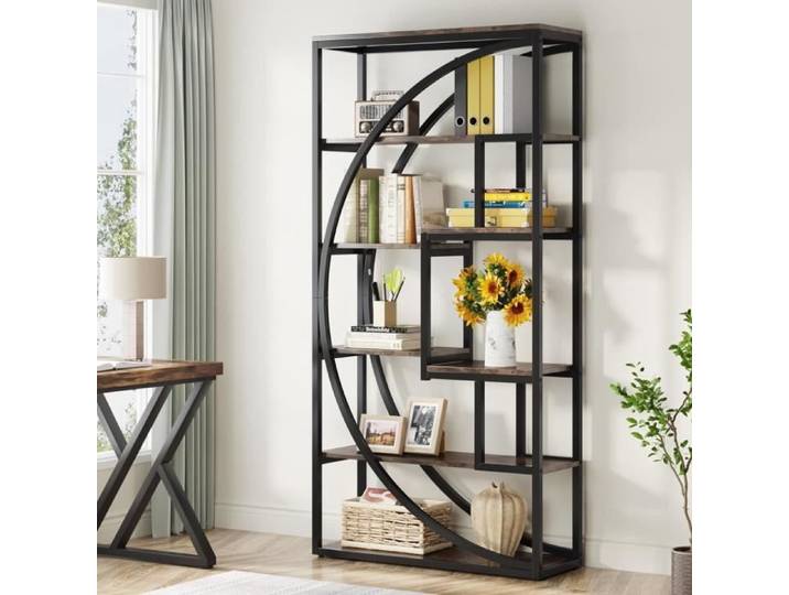 Bibliothèque Industrielle à 5 Niveaux - Finmind - Bibliothèque de 180 cm de Hauteur avec 8 Étagères de Rangement Ouvertes Brun