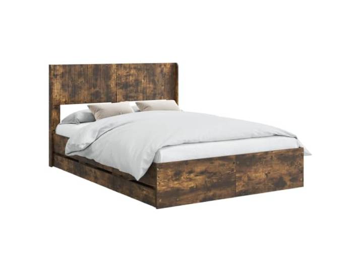 PUGYNBK Bettgestell aus rauchiger Eiche, mit Stauraum Fester Lattenrost, Kopfteil inklusive, langlebiges Holz, einfache Montage