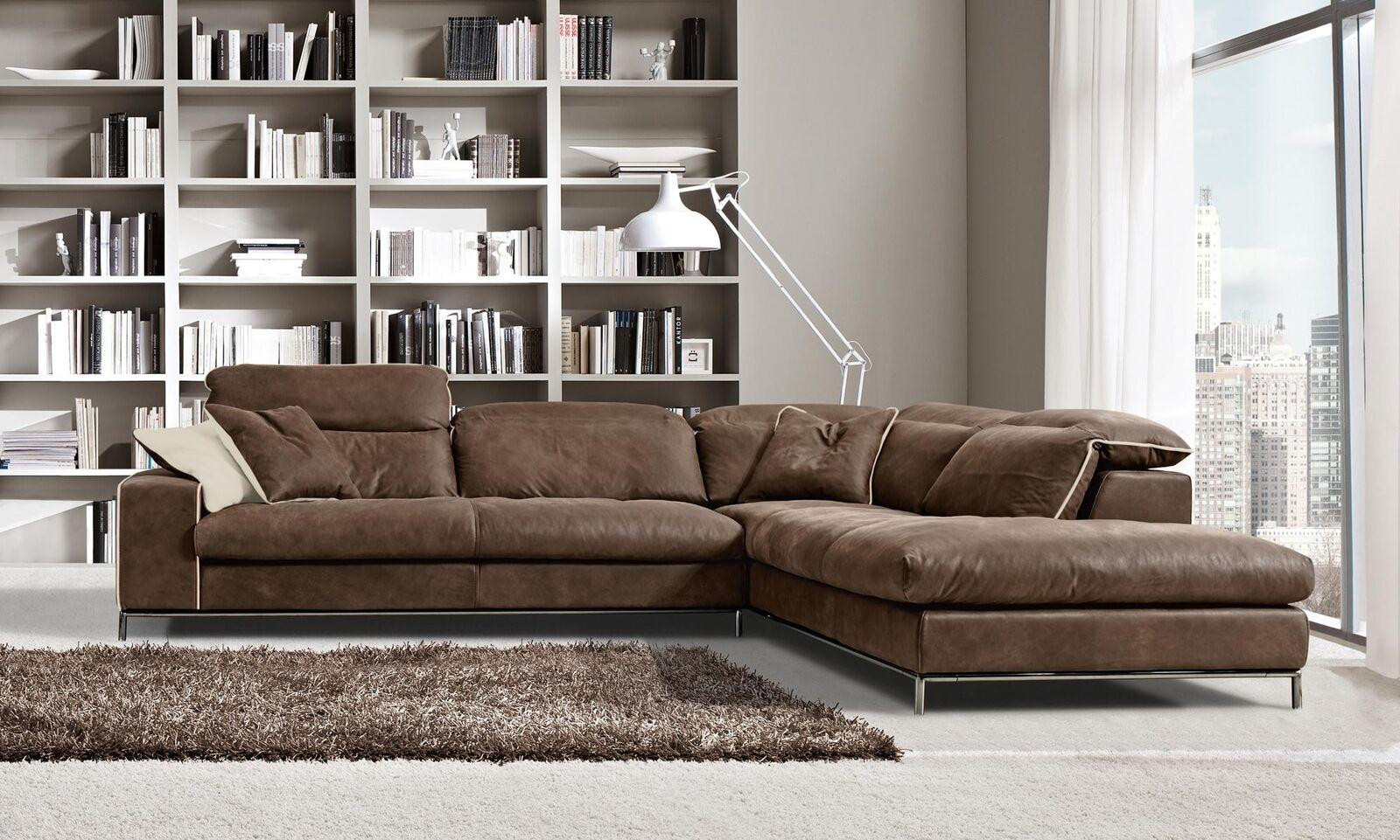 Prianera Moderne Luxe L-vormige Hoekbank van Leer en Hout in het Bruin