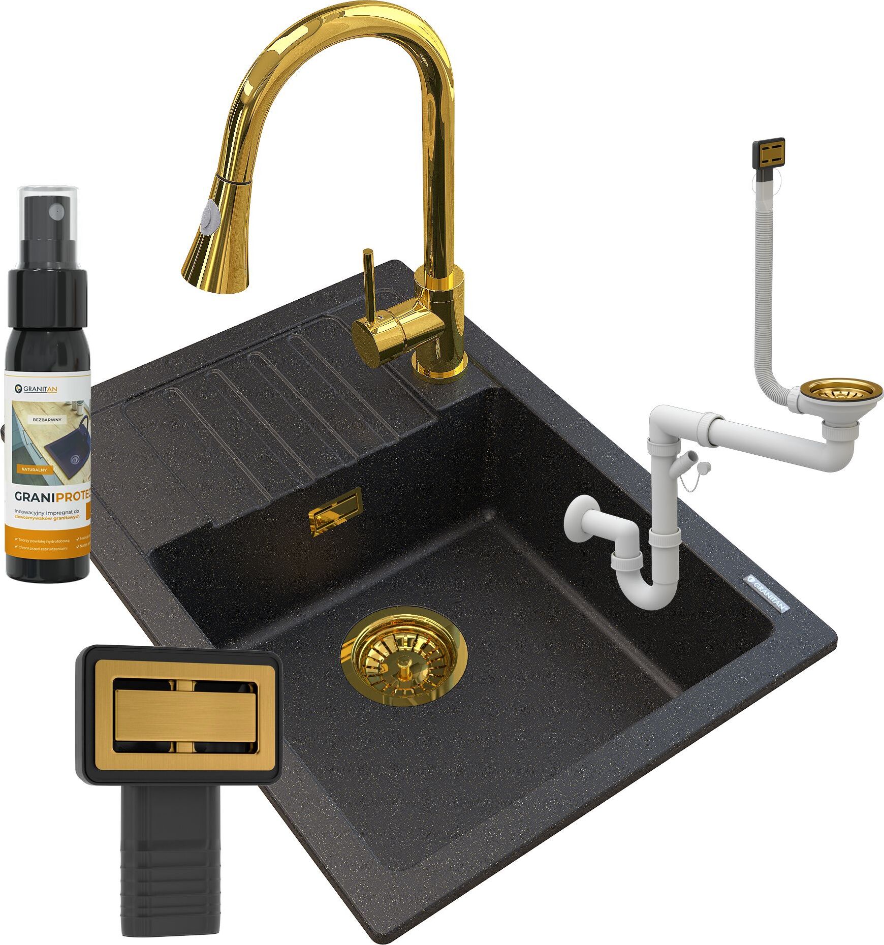 Granitan - Granitspüle - Küchenspüle - 62x44x18 cm - Schwarz - mit Armatur SNAKE GOLD und Siphon Gold