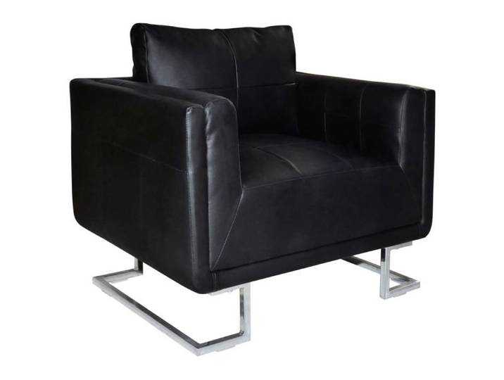 Fauteuil chaise siège lounge design club sofa salon cube avec pieds chromés cuir synthétique noir