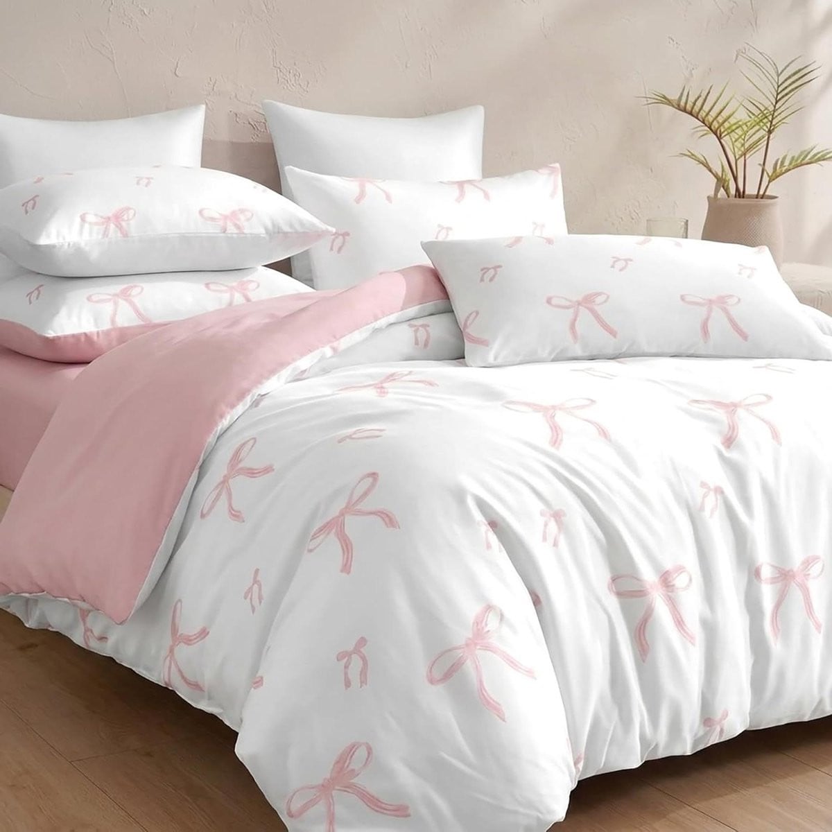 Dekbedovertrek Set met Roze Strik - Wit Roze - Zachte Microvezel - UK Dubbel
