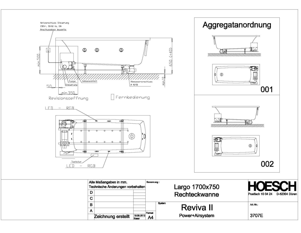 Hoesch Whirlwanne Largo Rechteck 1700x750 3707E.010305002