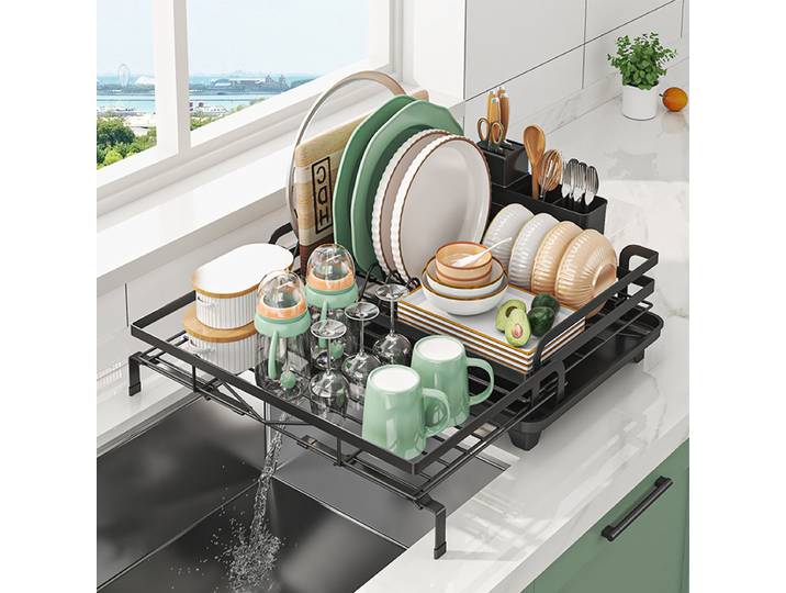 Égouttoir à vaisselle extensible avec porte-couverts et bec de drainage pivotant, égouttoir pour comptoir de cuisine