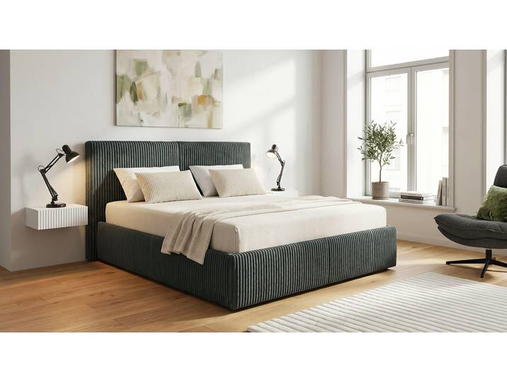 Polsterbett GOODPRODUCT AVVRA wahlweise mit Lattenrost und King-Matratze H3 (28cm) , dunkelgrau, B:201cm H:118cm L:220cm, Betten, Polsterbett, mit flauschigen Breitcord-Bezug, Liegefläche 180x200cm
