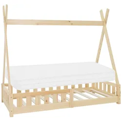 ML-Design Kinderbett Tipi 80x160 cm Natur mit Matratze, Rausfallschutz & Lattenrost, Hausbett im Indianer-Design aus Kiefernholz, Bodenbett Spielbett