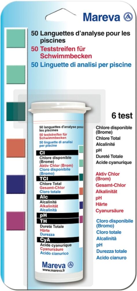 Mareva Boîte de 50 bandelettes d'analyse Cl/Br/PH/TH/TAC/CYA