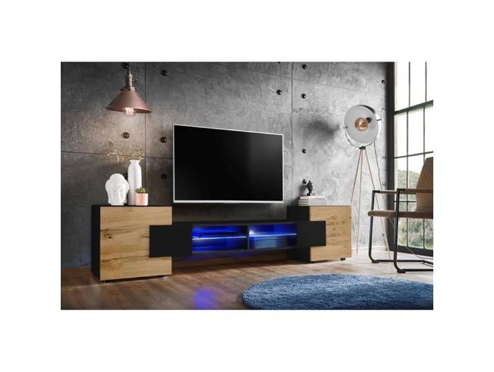 Meuble Banc TV Merano Version 2 Komodee - LED Bleues - Bois naturel Mat et Noir - 230 x 53 x 35 cm