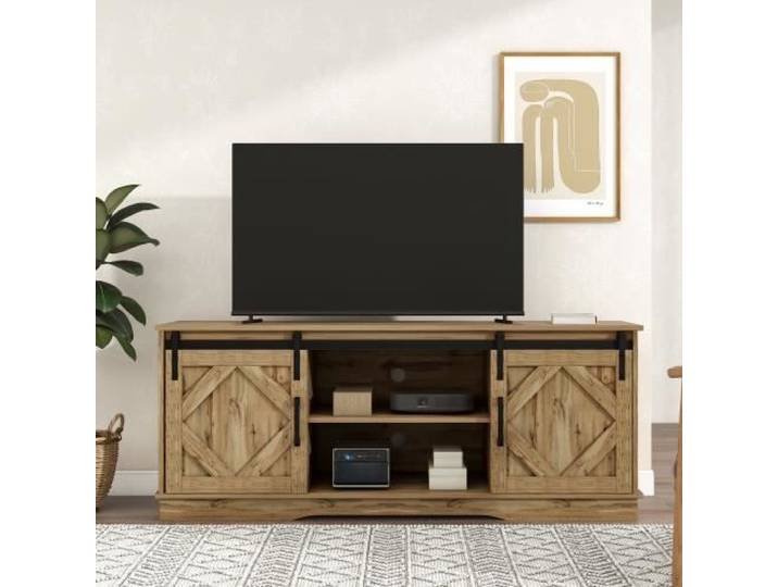 MERAX Farmhouse Grand Meuble TV étagères réglables buffet avec 2 portes coulissantes Chêne 150*40*60cm