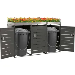 3er-Mülltonnenverkleidung HWC-H40, Mülltonnenbox, Pflanzkasten Edelstahl-Metall-Kombi 78kg 125x198x84cm erweiterbar