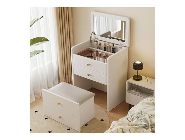 zhangrui1888 Schminktisch Schminktisch mit Klappspiegel, gepolstertem Hocker Schlafzimmer-Make-up-Waschtisch ﻿(Weiß)
