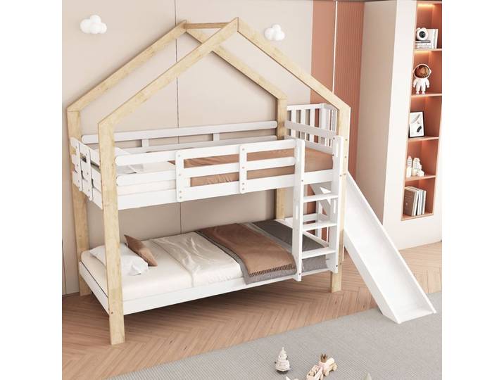 Lit superposé avec toboggan et échelle d'angle à trois étages lit maison avec dispositif anti - chute lit bébé c