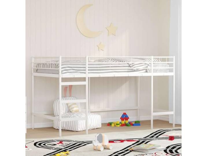 Stahlgestell Matt Loft Stil Loftbett Kinderzimmer Weiß 107 x 200 cm Kinderloftbett Weiß 107 x 200 cm Stahl Hochbett mit Schreibtisch Platz, Stabil Metallgestell Jugendbett für kleines Zimmer,