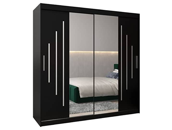 MEBLE KRYSPOL York 1 200 Schlafzimmerschrank mit Zwei Schiebetüren, Spiegel, Kleiderstange und Regalen – 200x200x62cm - Mattschwarz